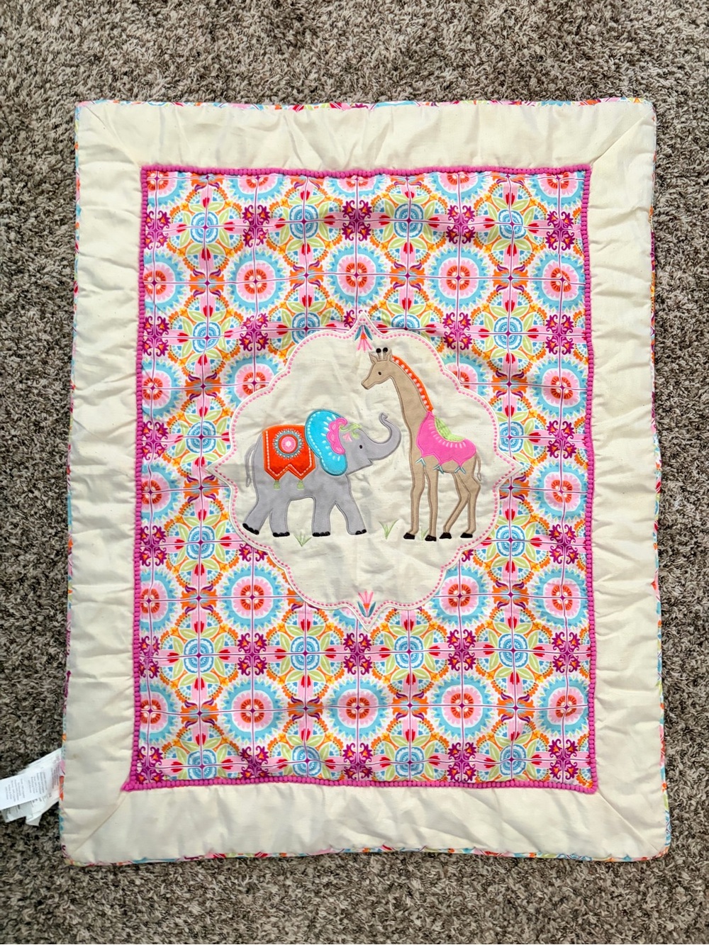Levtex Cream Quilted crib Throw with Pink & Aqua Elephant and Giraffe